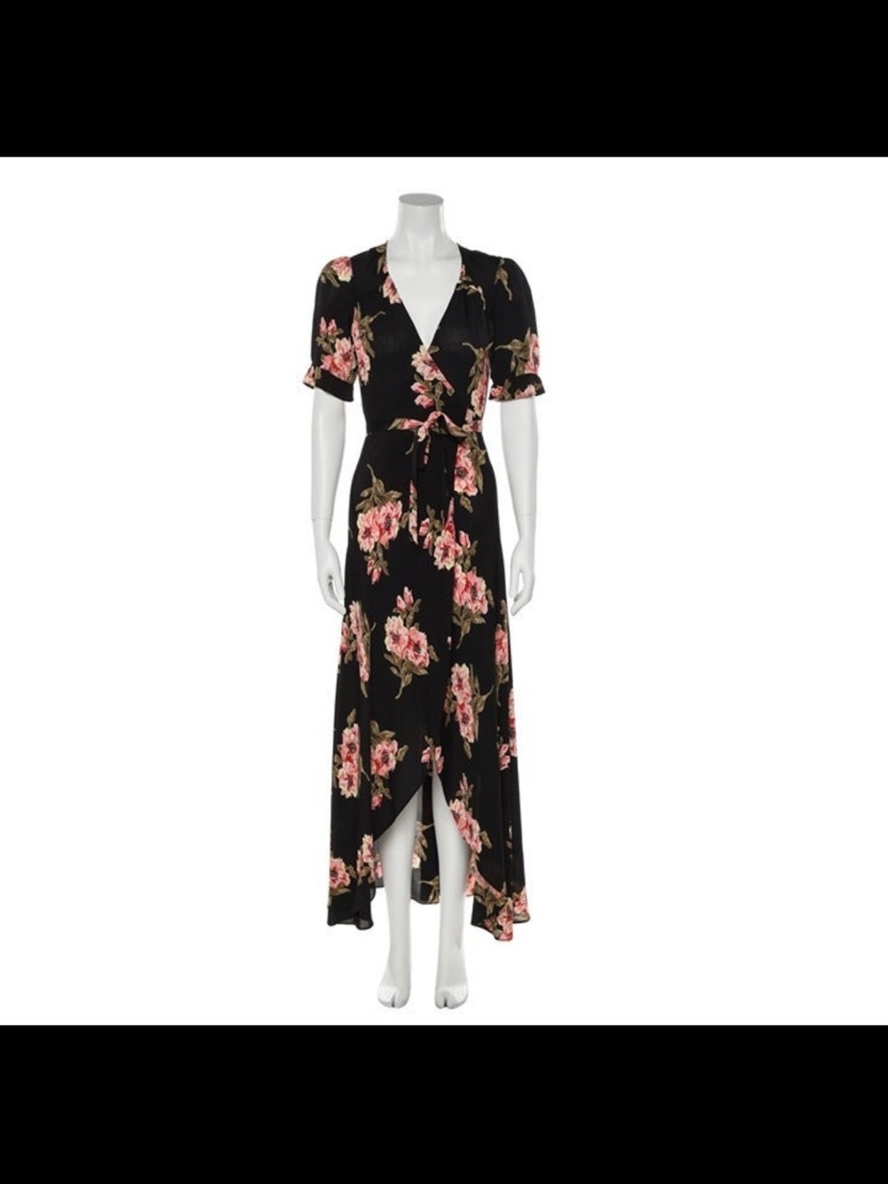 Reformation black Floral Wrap Maxi Dress with Pink Roses xs